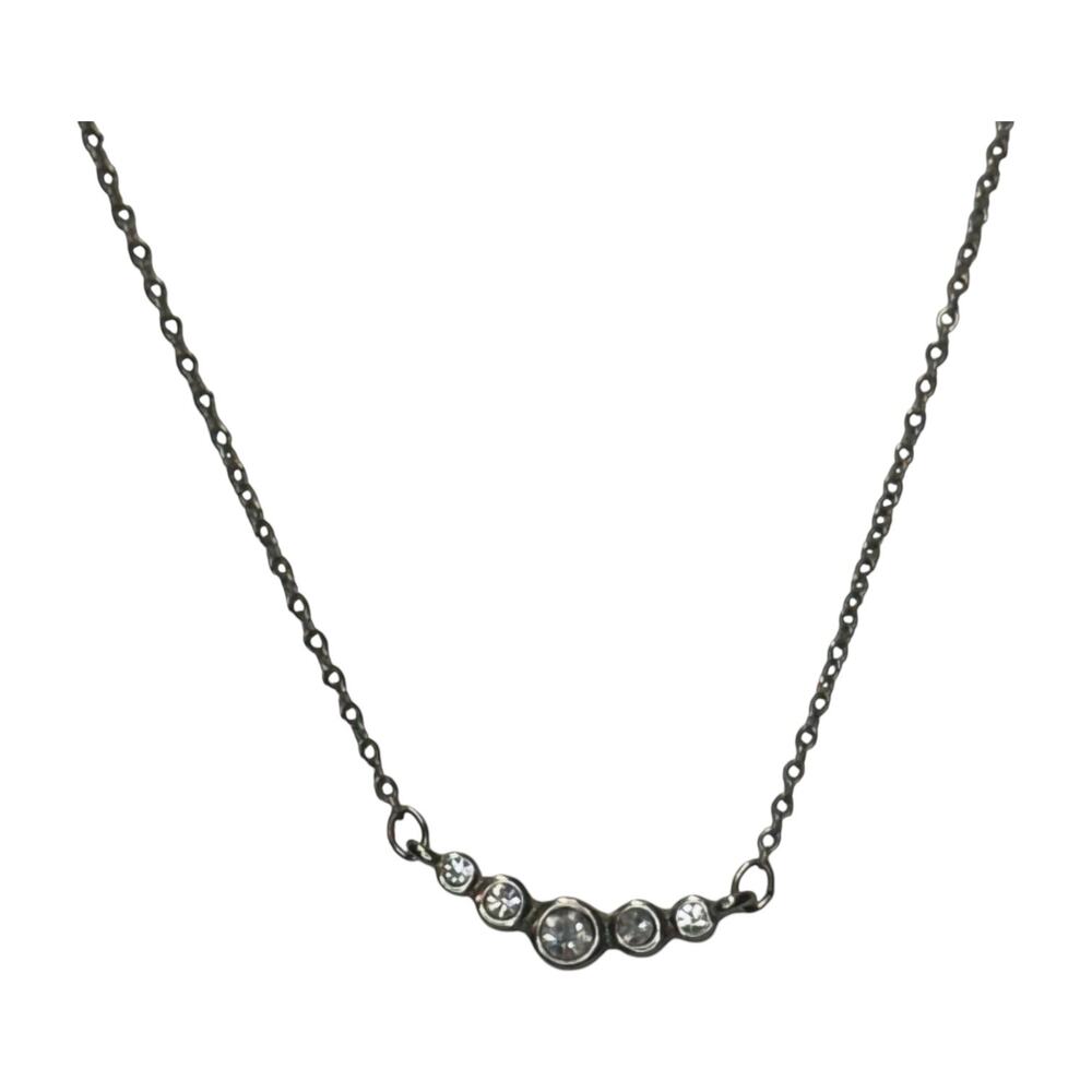 Silver Rhinestone Bezel Bar Necklace Graduated 5 Stone Dainty Chain - Picture 3 of 5